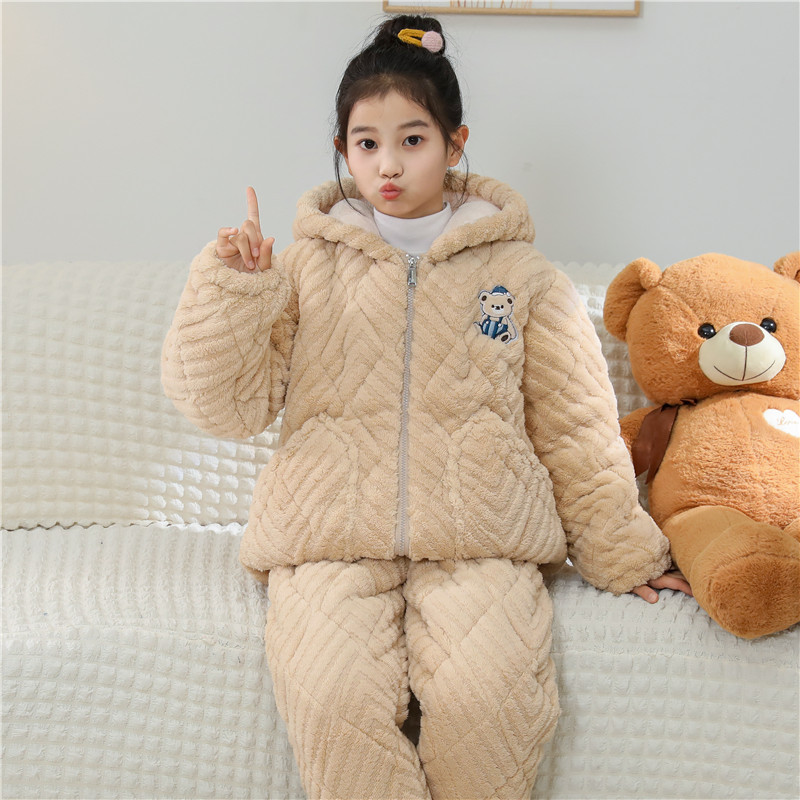 女童冬季连帽三层夹棉睡衣珊瑚绒加绒加厚法兰绒学生大童居家套装