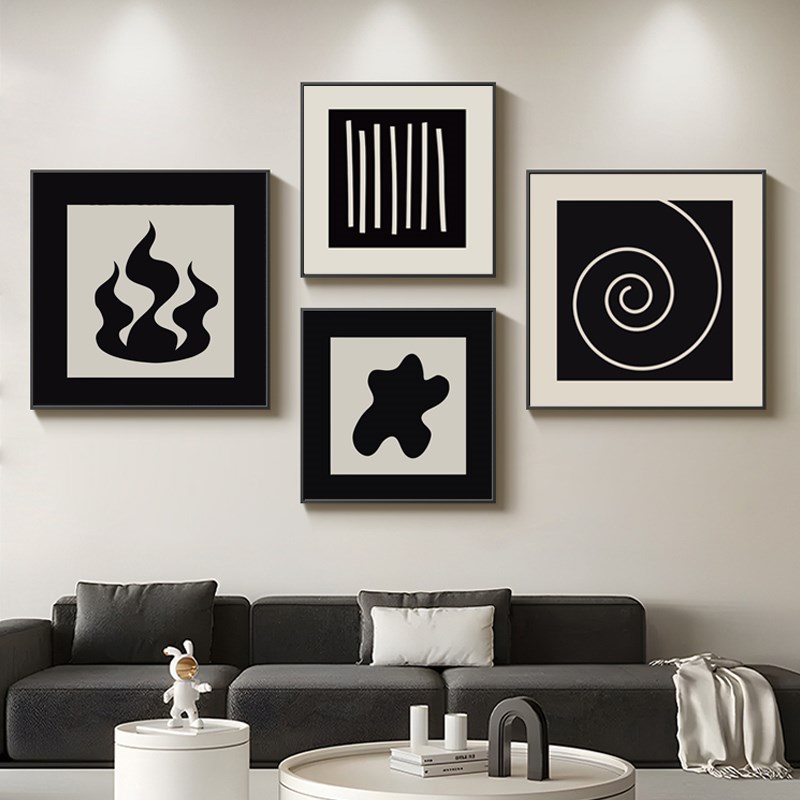 法式客厅装饰画黑白高级感抽象沙发背景墙挂画极简风餐厅组合壁画