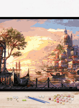 diy数字油画风景大海客厅卧室数码填色手工绘装饰油彩画 日落海边