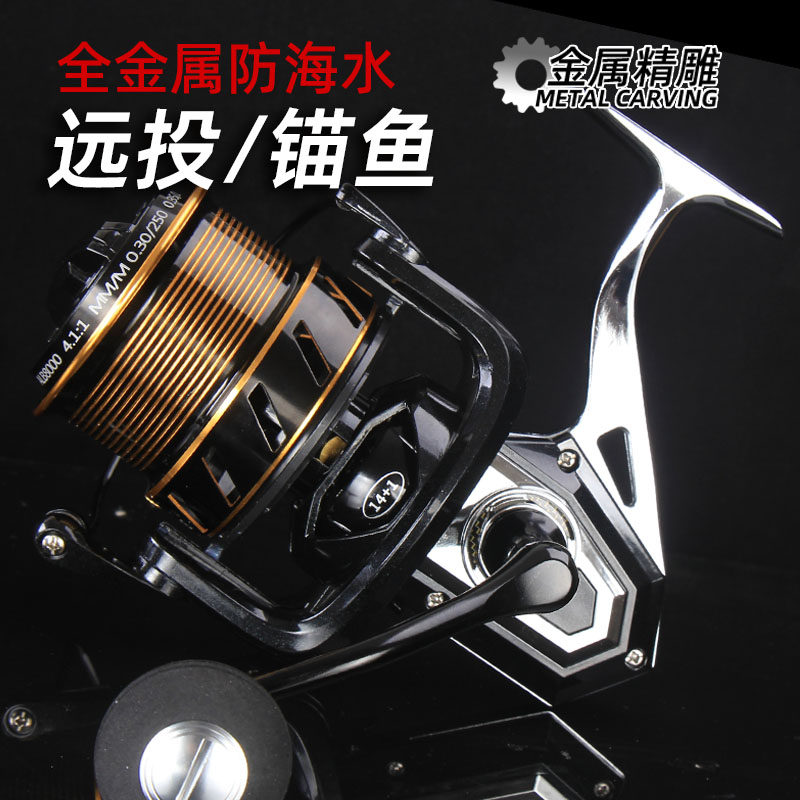 远投轮渔轮锚鱼纺车轮全金属15轴鱼轮海竿轮8000-12000型深浅线杯