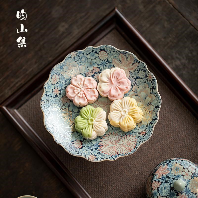 汝窑繁花似锦果盘茶点盘高脚盘复古老式葵口高足果碟点心盘水果盘