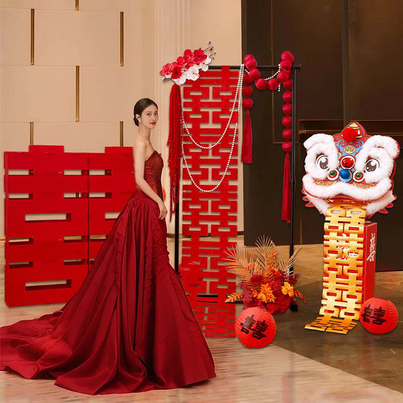 酒店结婚布置订婚创意醒狮摆件男女方客厅装饰喜字拍照道具套装