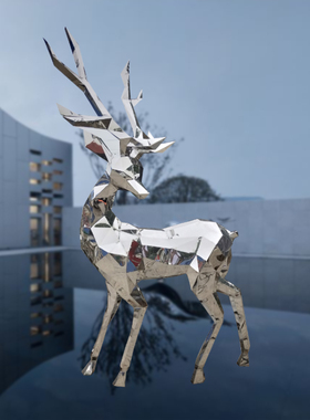 不锈钢小鹿雕塑金属镜面园林景观户外切片鹿母子装饰落地几何