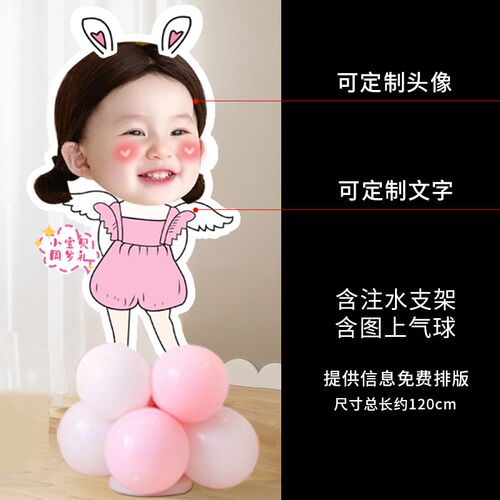 宝宝1周岁百天满月酒店大厅过道卡通气球人形牌定制KT板路引大头