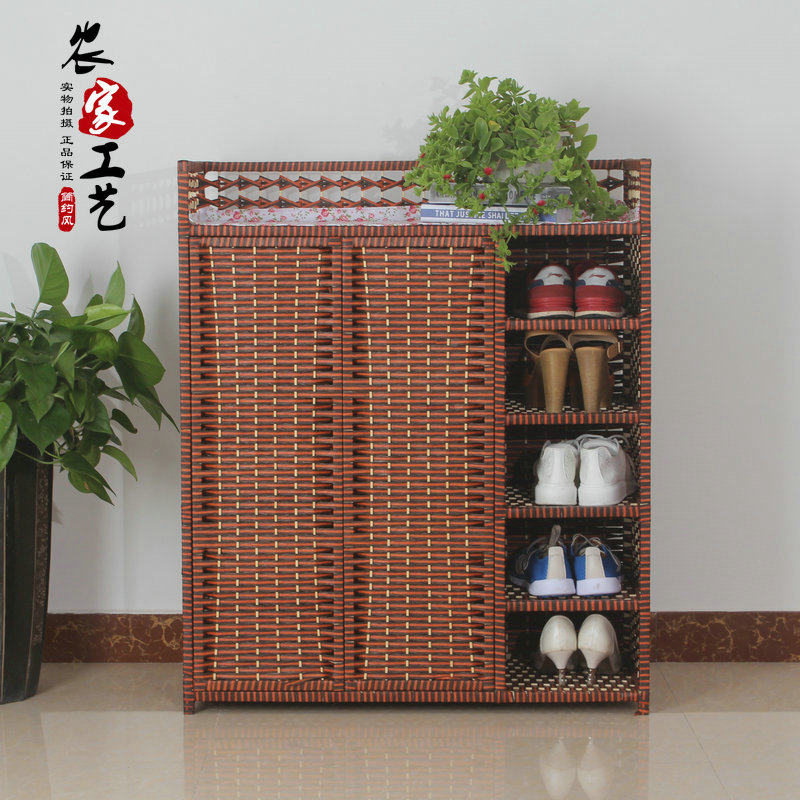藤编简易家用鞋架子多层收纳架客厅鞋柜经济型实木防尘阳台储物柜