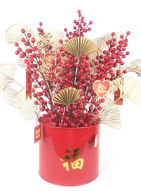 福桶装饰仿真红浆果发财果仿真花红色年宵花吉祥扇迷雾福桶抱抱桶
