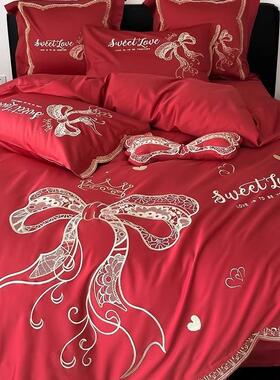 1红色婚庆全棉四件套高档少女心结婚100支长绒棉床上用品纯棉被套
