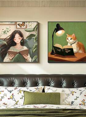 中古风桌面摆画看书女孩绿色装饰画客厅卧室斗柜挂画小众艺术壁画