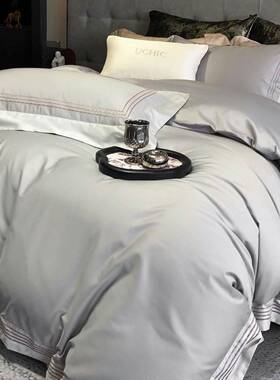 灰色轻奢简约全棉床上四件套长绒棉贡缎绣花床单纯棉被套床上用品