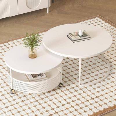 岩板奶油风茶几客厅家用小户型轻奢现代带轮可移动圆形茶几桌新款