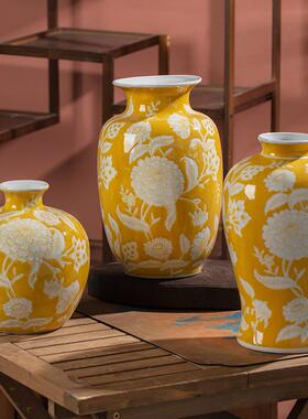 陶瓷花瓶新中式青花瓷客可水培花瓶手工堆釉黄色手绘有凹凸感