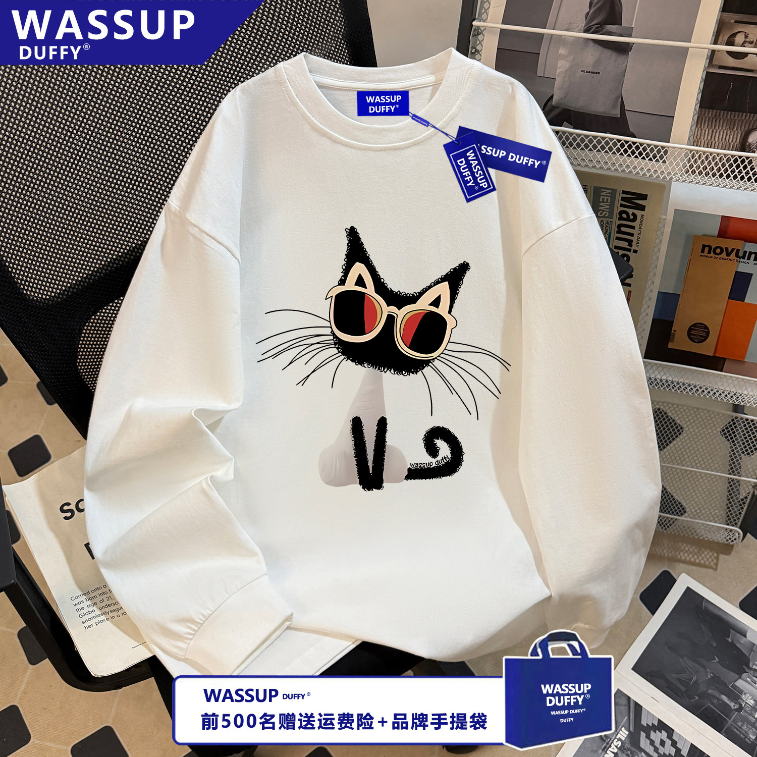 WASSUP春秋100%纯棉长袖ins潮酷创意眼镜猫咪印花男女新款白色T恤