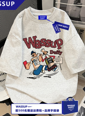 WASSUP夏季百搭男女情侣装半袖白灰色纯棉短袖ins大力水手印花T恤