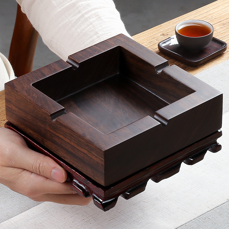 黑檀实木烟灰缸中式大号带盖创意个性潮流复古客厅家用防烟灰定制