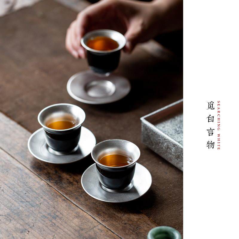 觅白玄墨鎏银功杯烫YMZ垫素雅杯托防滑茶道夫零配式件隔热手工中