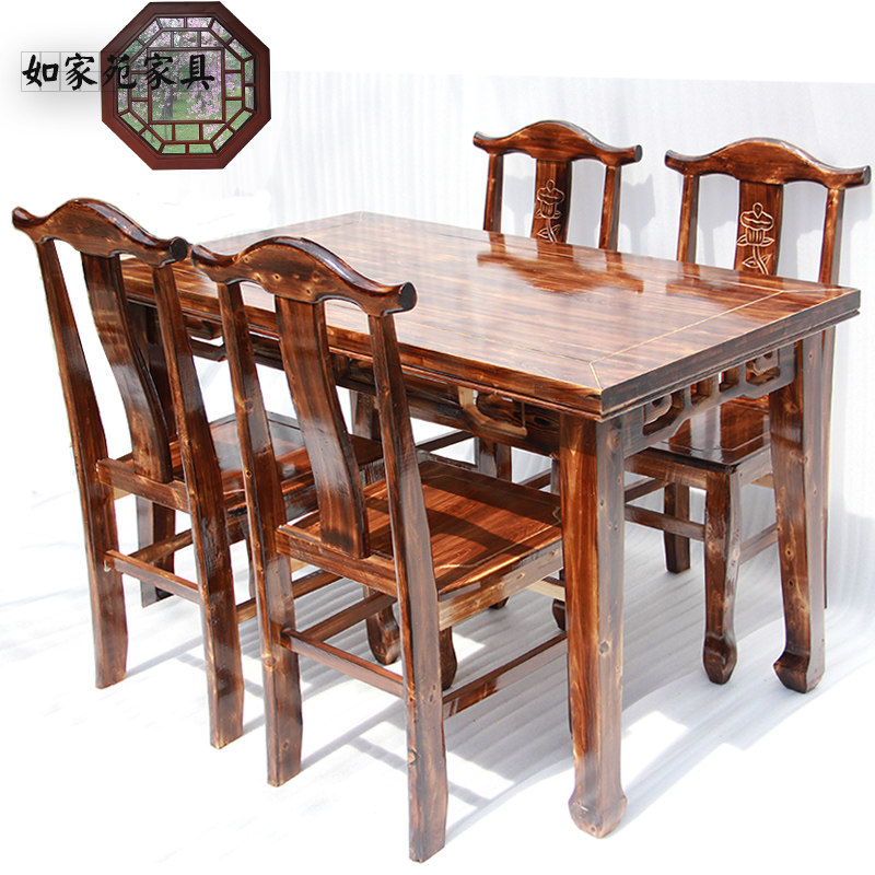 中式全实木八仙餐桌椅碳化仿古雕花柏木火锅桌组合家用餐厅饭店桌