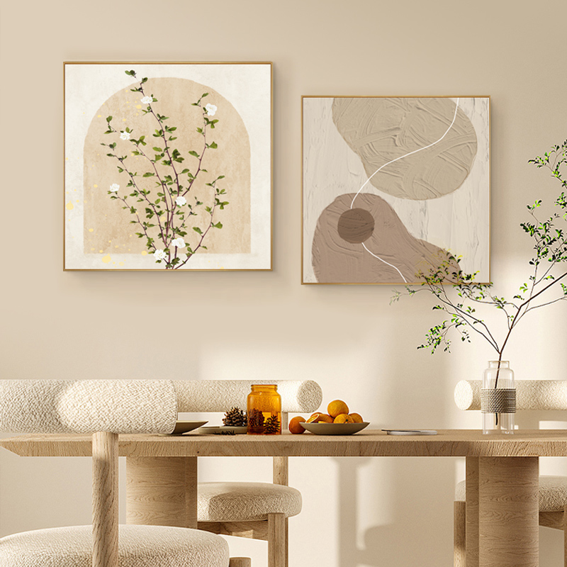 奶油风客厅装饰画方形原木风绿植沙发背景墙挂画抽象艺术饭厅壁画