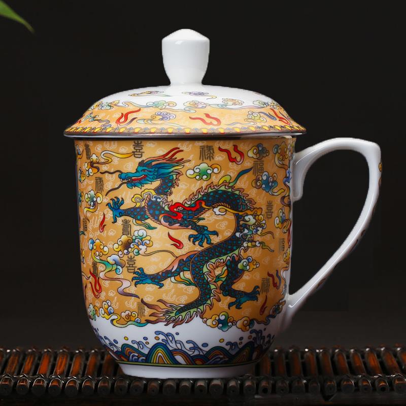 景德镇陶瓷超大号茶杯 带盖青花瓷礼品大水杯 骨瓷办公室老板杯子