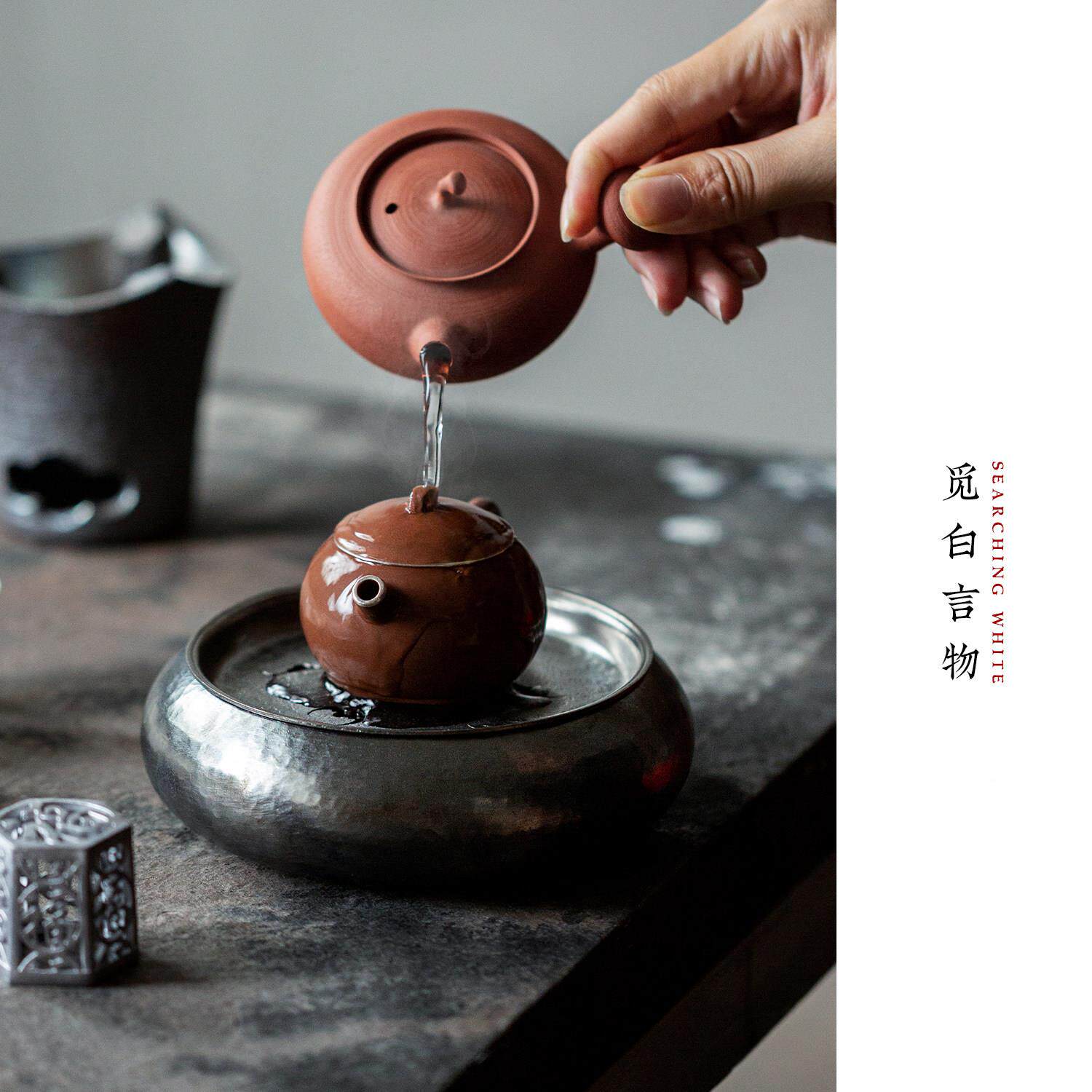 觅白五福纯錾锡全手作承一张打壶茶船刻工夫杯茶托锤五福纯锡纹储