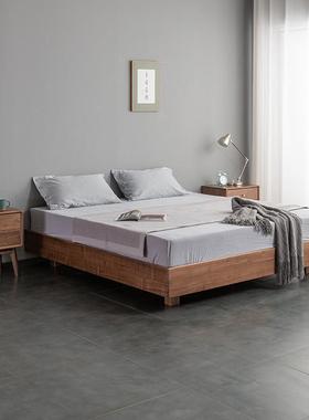 现无代QSI简实木榻榻米床日式黑胡桃约架木悬浮床矮床靠背无床头