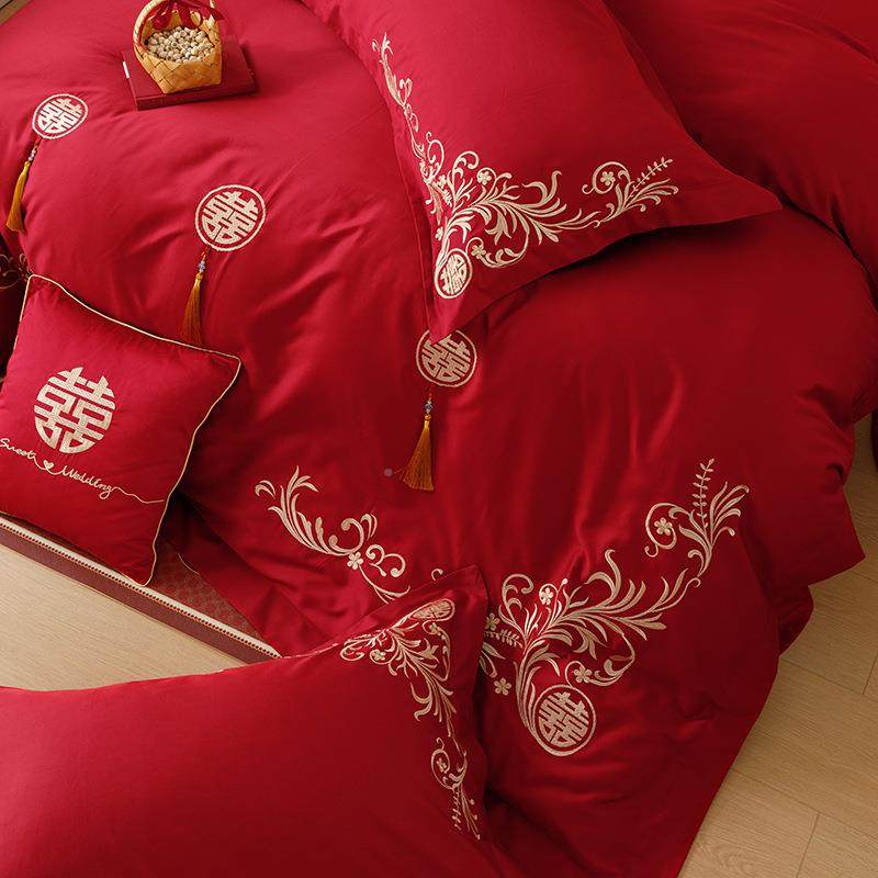 简约中式婚四庆件套全棉10S色长086958绒棉红喜字刺绣结婚被套床
