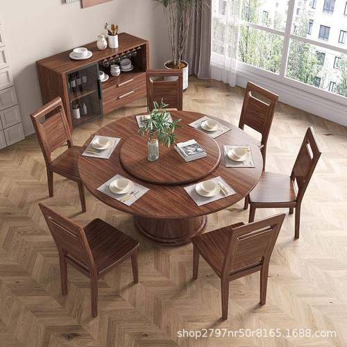 吃现家代MJ-CZ06#简约桃木胡实木餐桌轻奢转盘圆桌用饭桌小户型餐