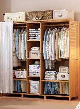 实木简易衣出租房防尘经济柜结耐用挂WLB衣实橱带遮挡型帘卧室大