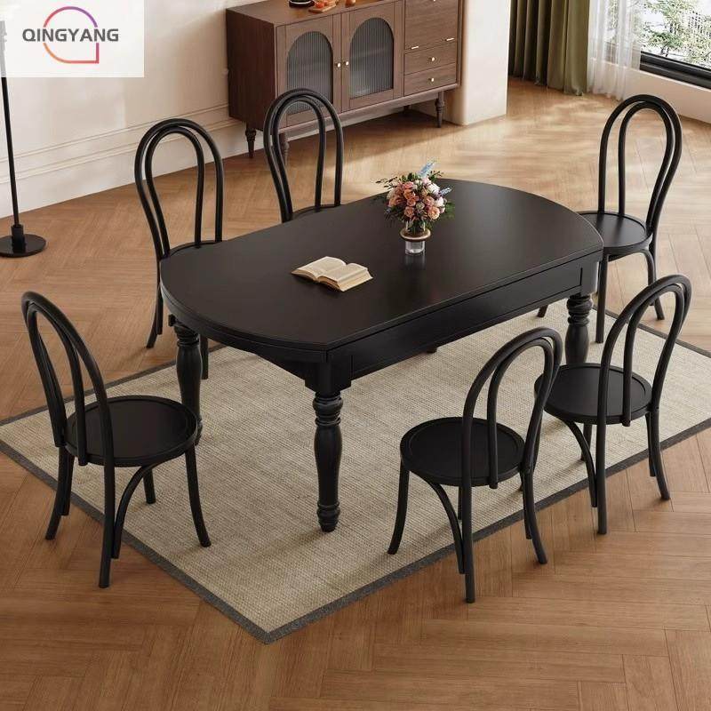 清洋美全式复古实木餐椅组桌合小型可户伸缩方桌可变圆形餐桌934