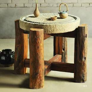 老石磨盘茶桌石桌老式用围炉茶台碾盘木底座茶盘民俗老石器石磨桌