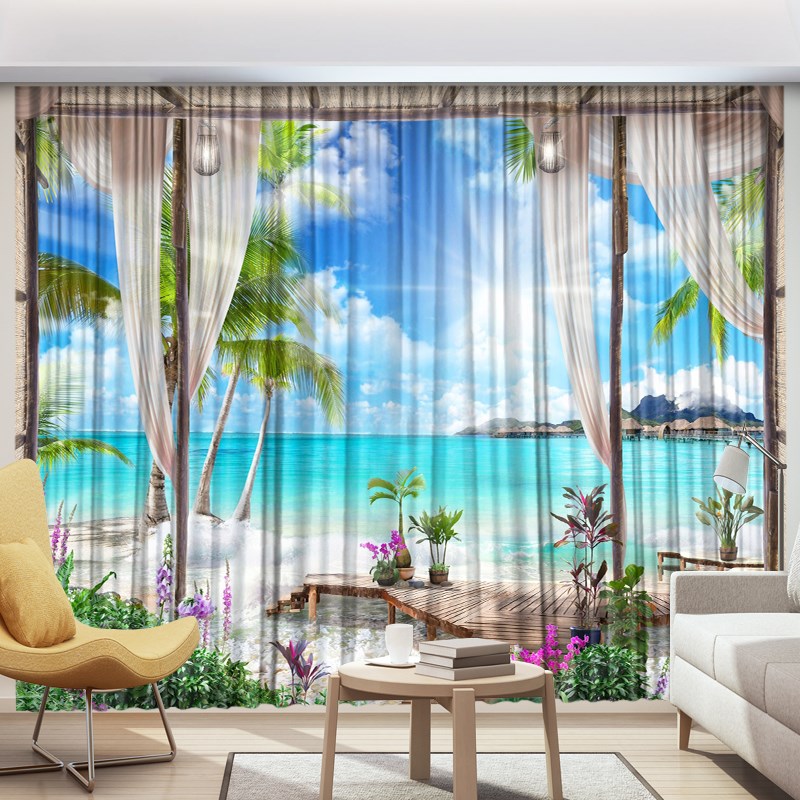 定制海景沙滩遮光窗帘装饰隔断沙滩大海椰树蓝天白云客厅卧室成品