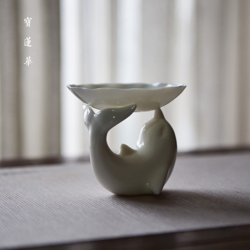 海豚白玉瓷茶滤 金瓷茶漏 茶托 瓷滤茶器 白瓷过滤茶渣茶道配件