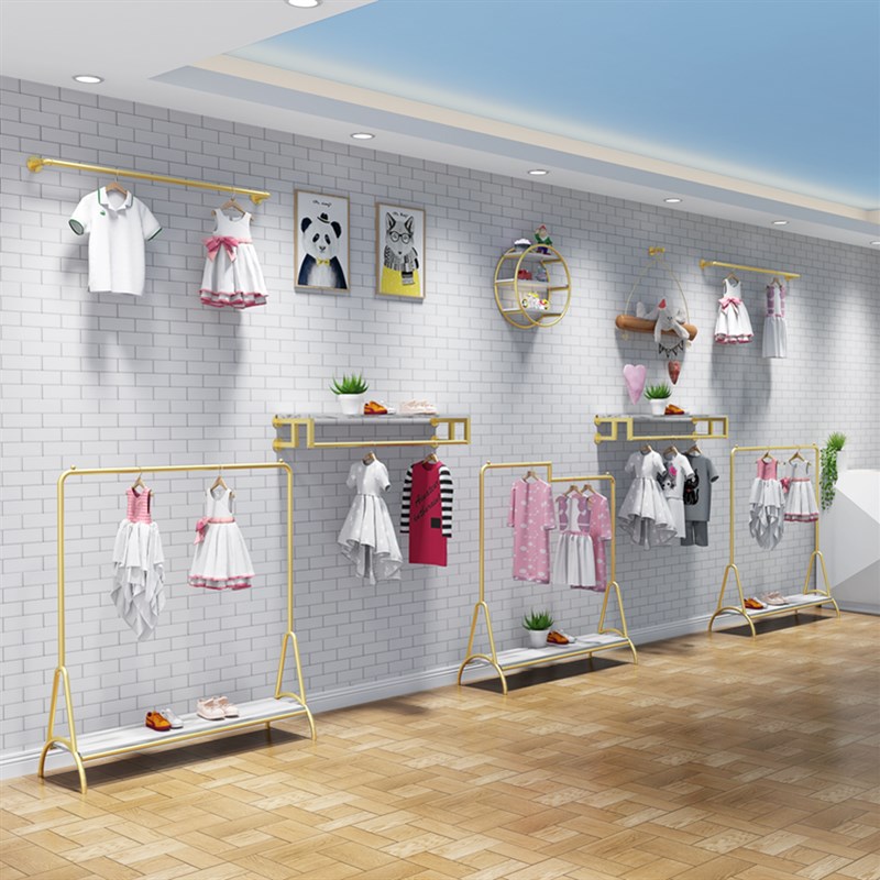 新品金色童装店展示架落地式儿童服装店货架上墙壁挂式衣架陈列架