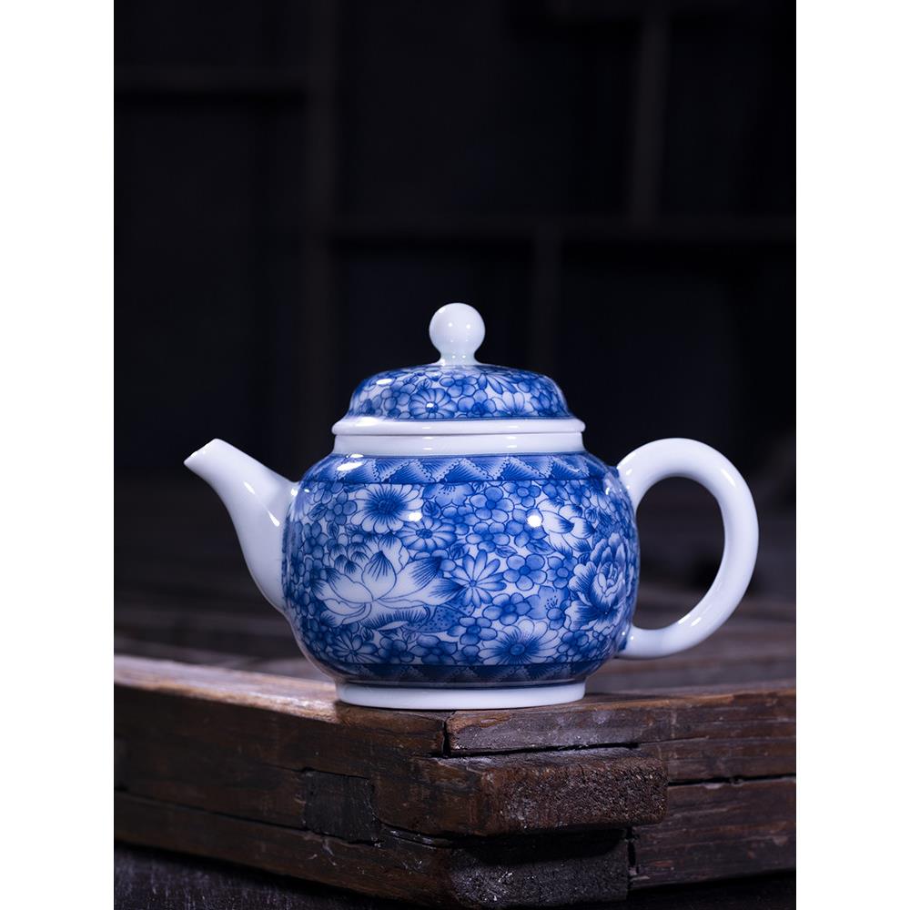 功夫茶壶陶瓷单壶小号中式家用茶具景德镇瓷器泡青花瓷釉下彩荷花