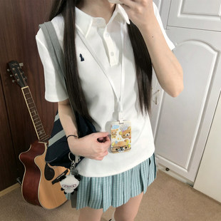 小眠/火星jk不透白色polo衫短袖T恤女收腰刺绣学院风上衣翻领