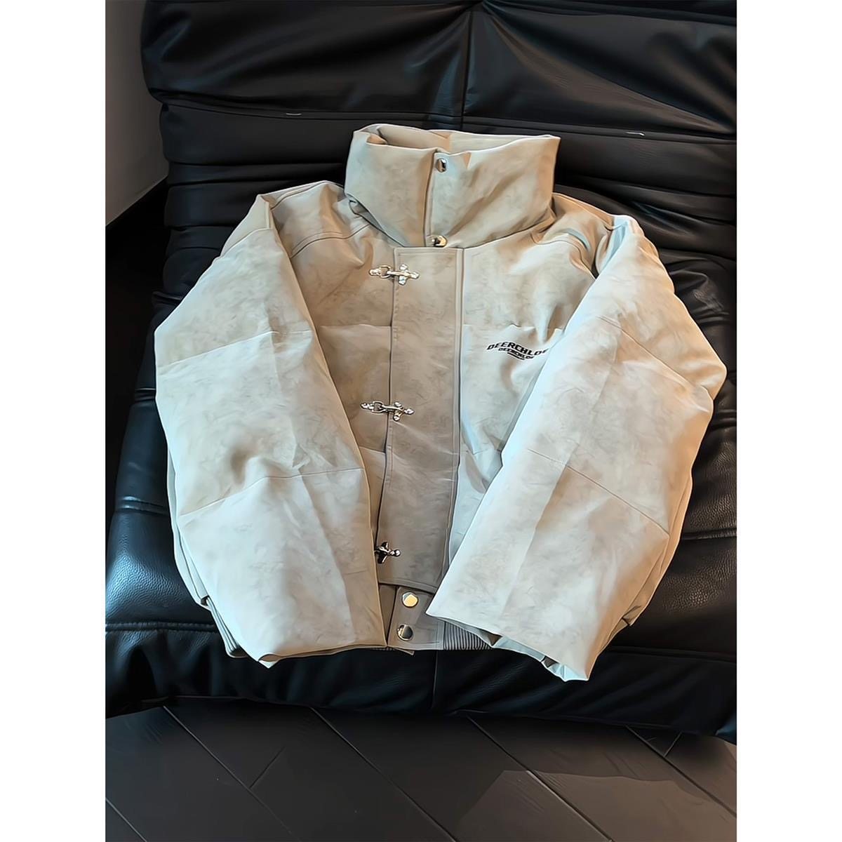 紮染PU皮羽绒服男冬季美式飞机扣加厚保暖高级感短款立领铺棉外套