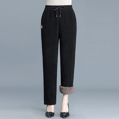 妈妈加绒裤子秋冬季中老年女灯芯绒休闲外穿大码老人保暖棉裤加厚