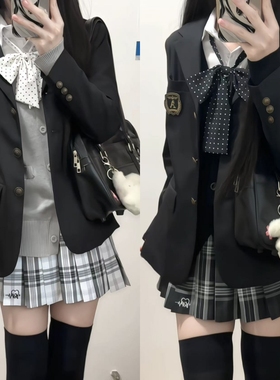 川町香【川知音】西装刺绣纽扣马甲套装原创格裙学院风女秋冬叠穿