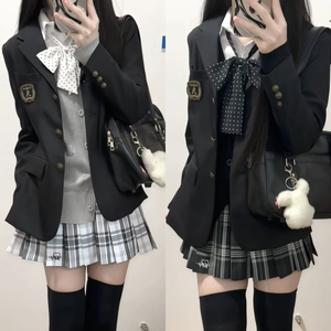 川町香【川知音】西装刺绣纽扣马甲套装原创格裙学院风女秋冬叠穿