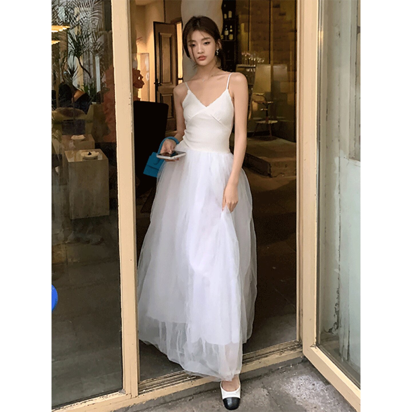 曼品质Sunday女装蕾丝拼接网纱吊带连衣裙女法式浪漫芭蕾V领收腰