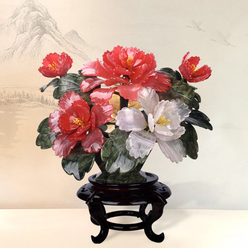天然玉石牡丹花玉雕景泰蓝工艺品宫廷古风新中式禅意礼品盆景摆件