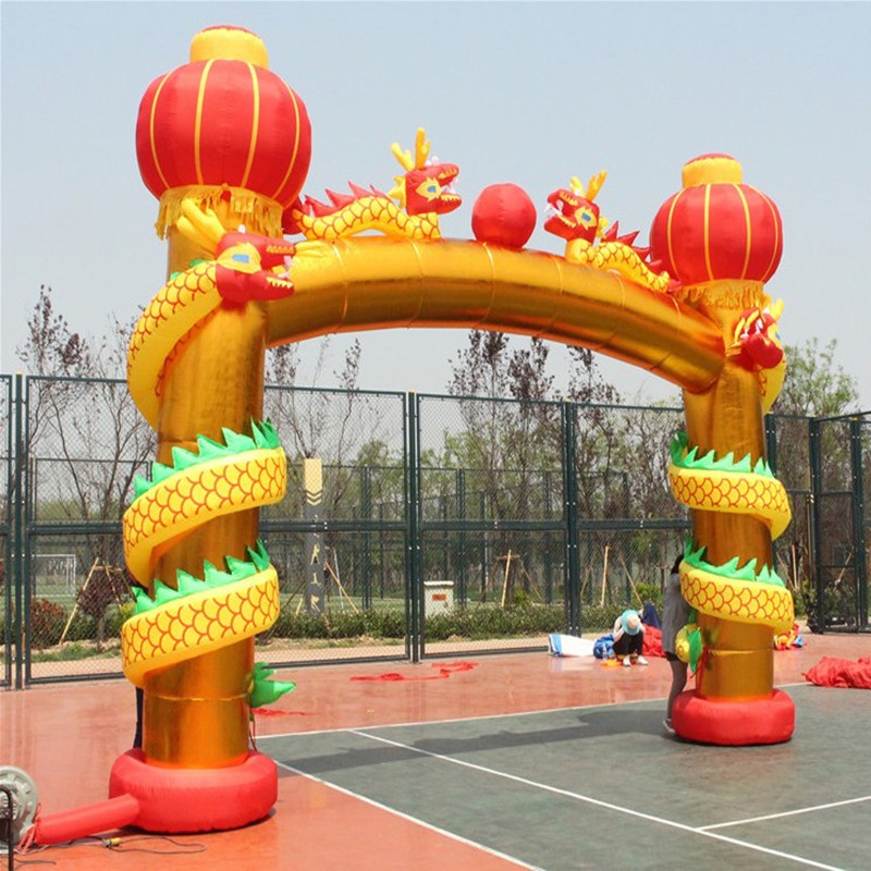 新款金色红色盘龙双龙充气立柱拱门开业婚庆龙凤彩虹门气模风机