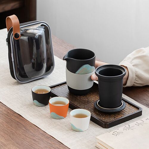 金镶玉旅行茶具户外功夫茶杯陶瓷小套装一壶三杯出差便携式快客杯