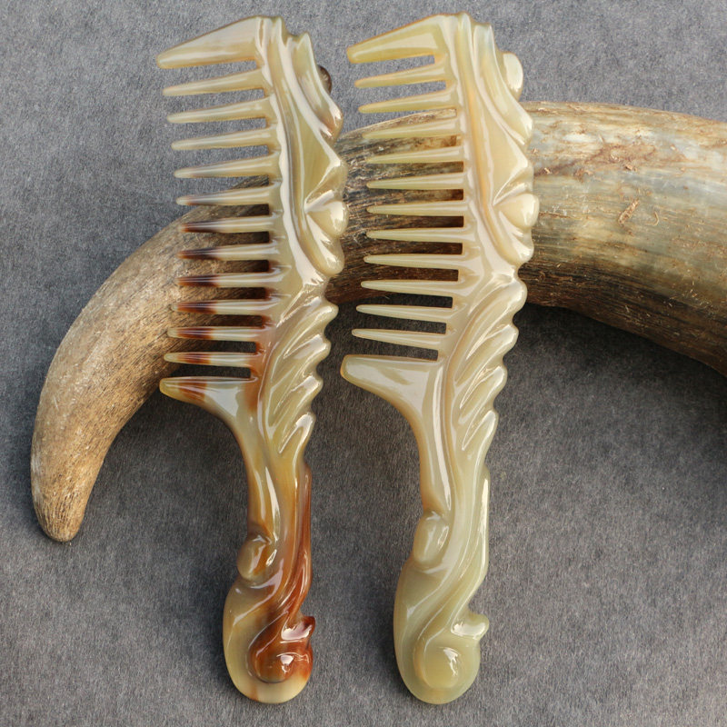 天然白牛角按摩头疗手工雕花梳子防静电粗大齿卷烫长发梳长20厘米