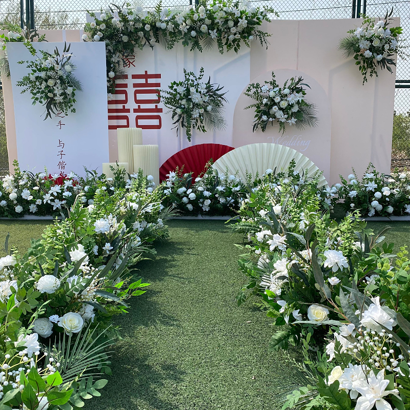 新款森系婚庆花排地排花婚礼花柱绿色花艺绿白路引花仿真花道具