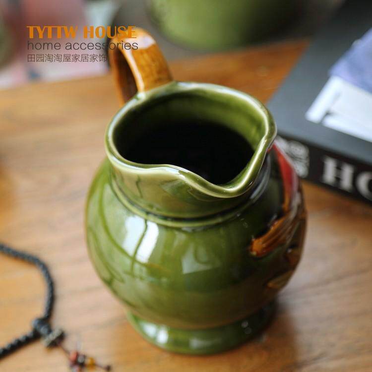 欧式田园绿色小鸟釉面花纹工艺单装饰餐桌手柄陶瓷摆件感高级花瓶