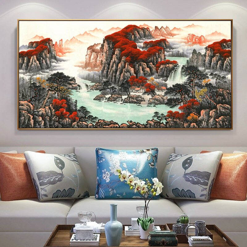 鸿运当头山水风景画背有靠山画客厅装饰画招财办公室挂画餐厅壁画