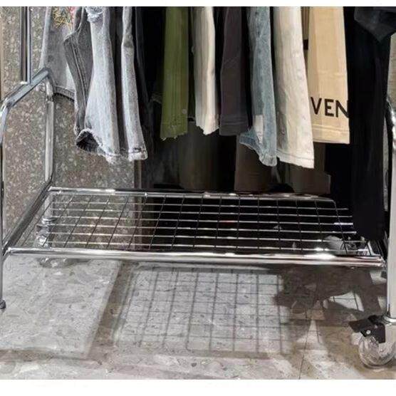 锈钢亮面双层挂架衣衣架落地家用双杆衣帽挂服置物架加轮不子0001