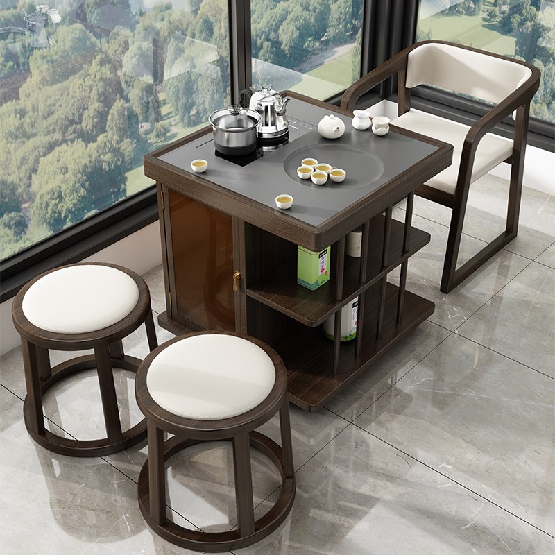 阳台茶桌家用小茶台小型实木茶车带轮可移动双人茶桌椅组合三件套
