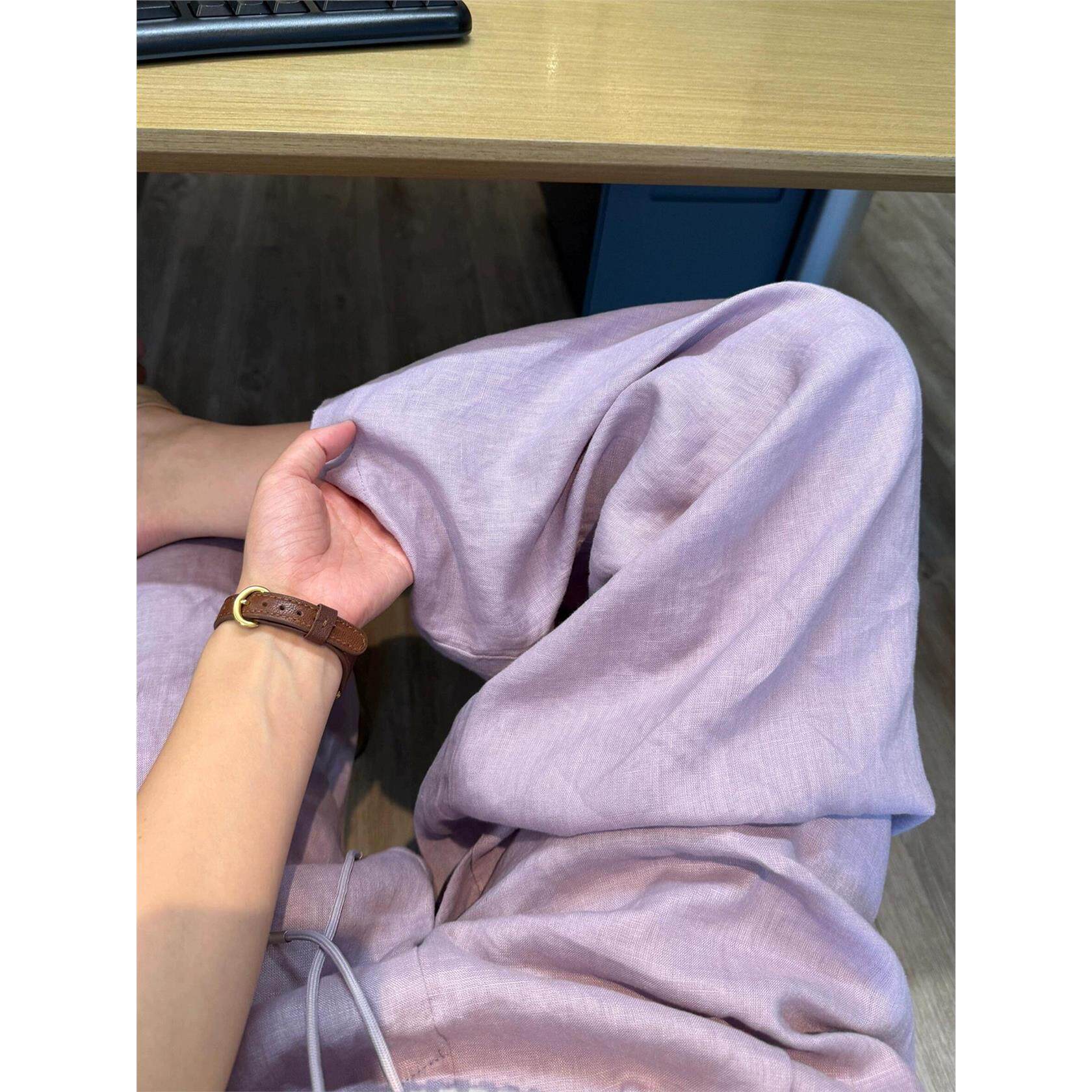 粉紫色亚麻感阔腿休闲裤
