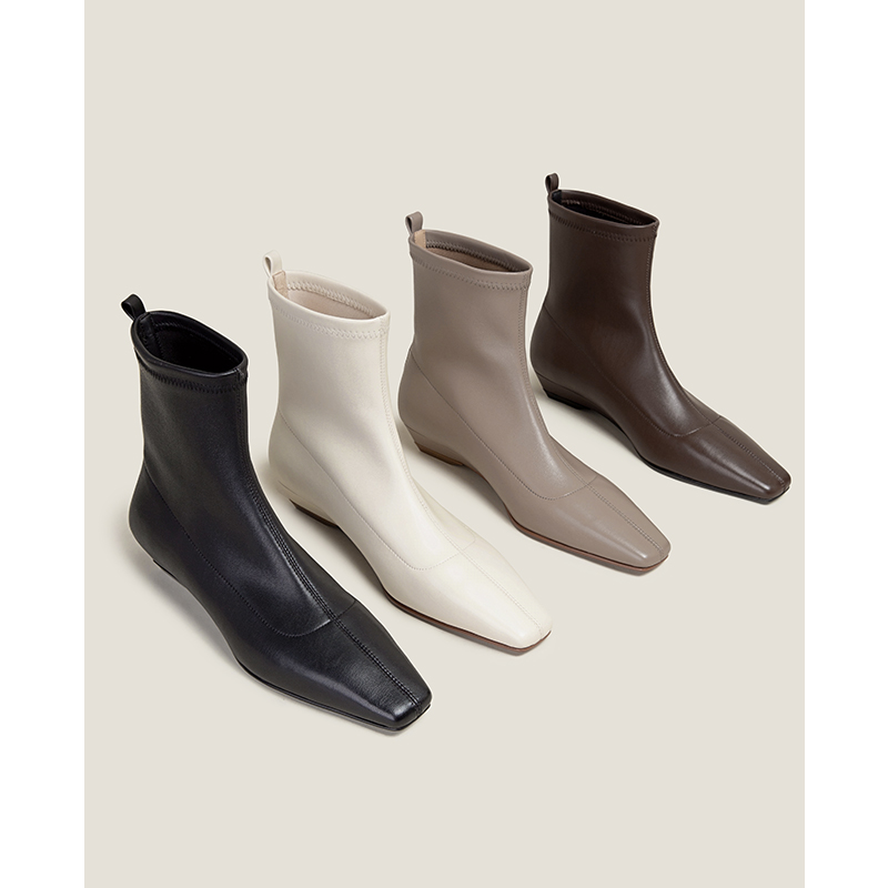 【鞋匠女王×原创设计】真皮中跟瘦瘦短靴粗跟方头弹力靴子女单靴